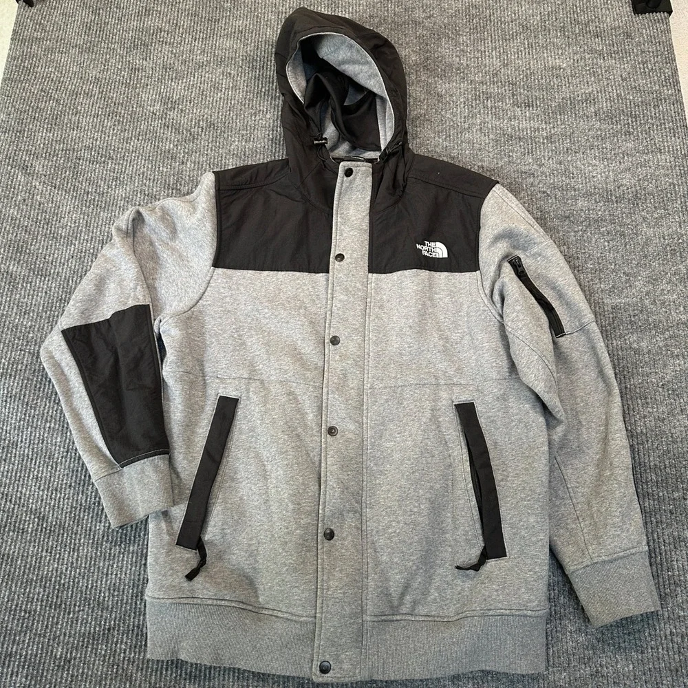 The North Face Mens Hooded Full Zip Jacket XL Grey Black Fleece Nylon Overlay